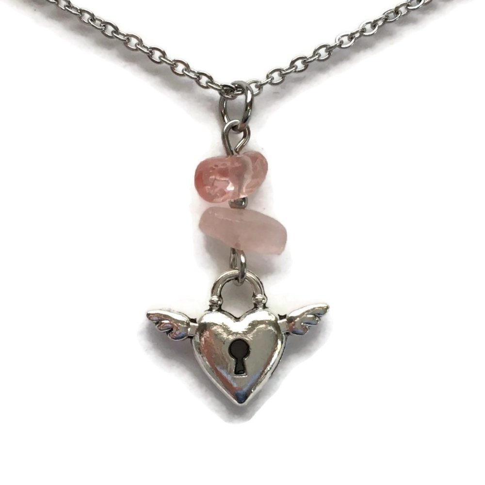 Key Lock with Wings Pink Chipped Crystal Necklace Stainless Steel Silver Plated